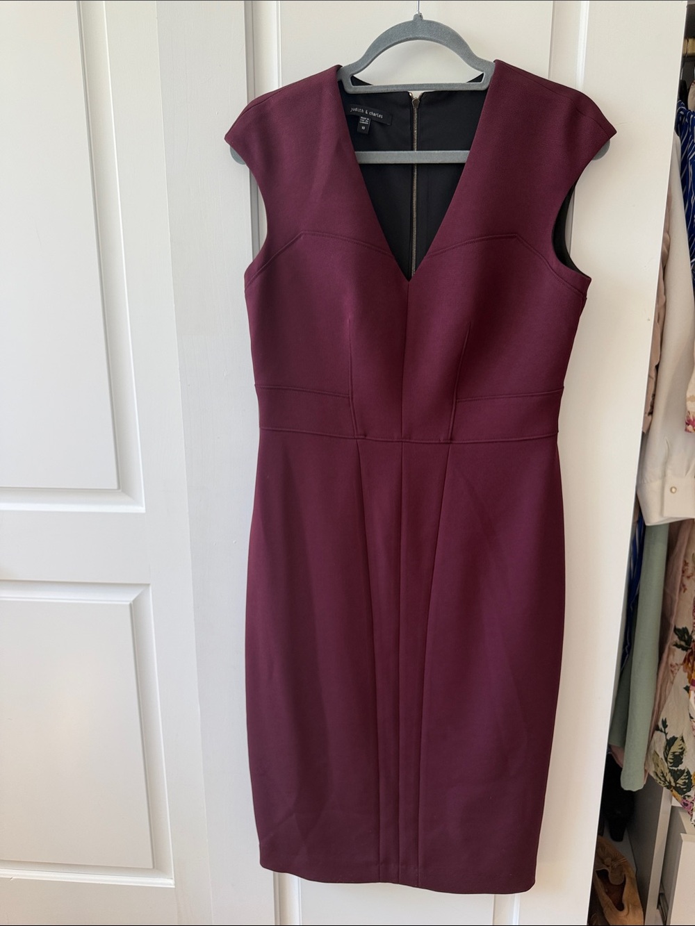 Judith & Charles Burgundy V-Neck Midi Sheath Dress